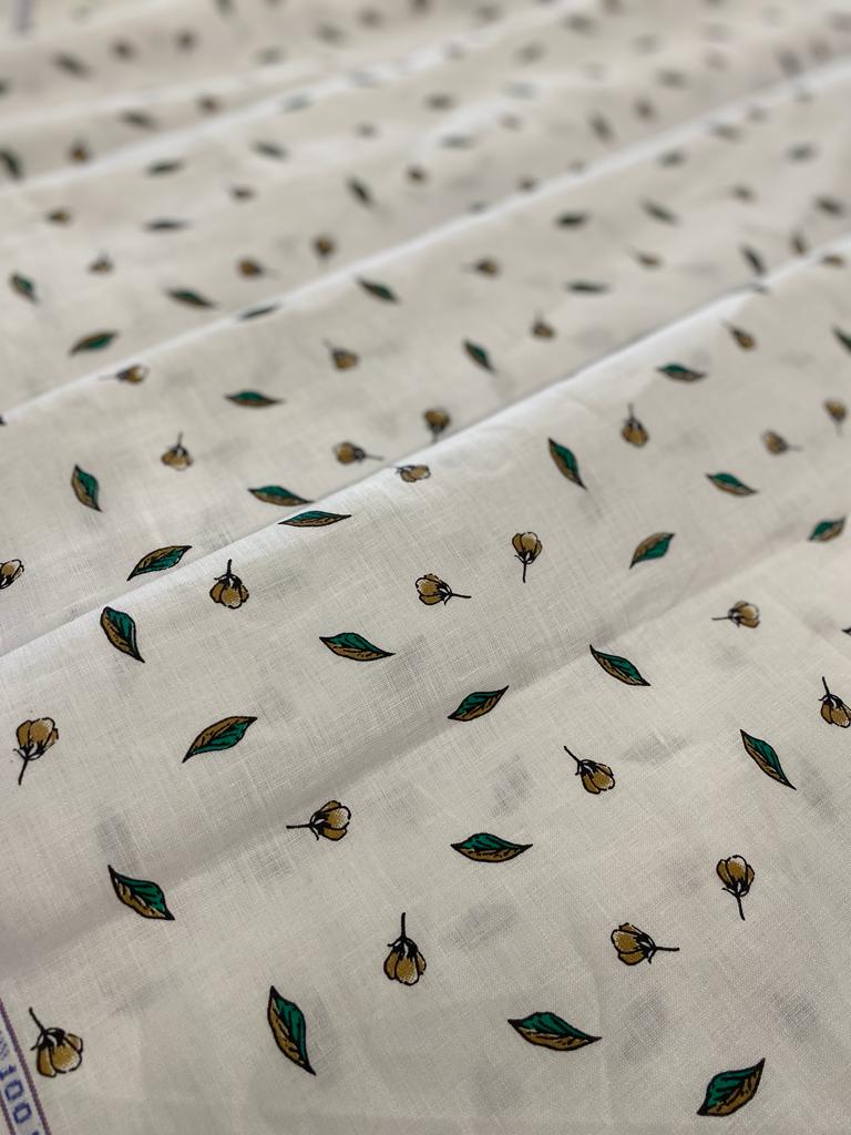 White with Leaf Printed Fabric - Dyed Premium Linen Fabric LS-062