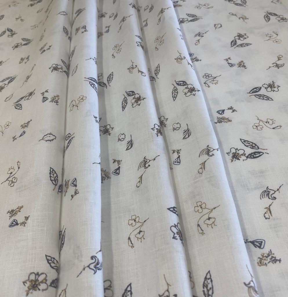 White/Khaki Leaf Printed Fabric - Dyed Premium Linen Fabric LS-073