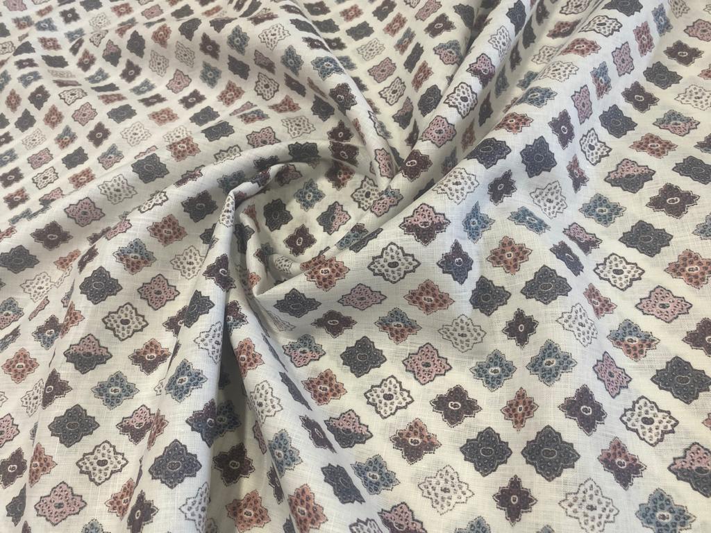 Half White Multicolor Printed Fabric - Dyed Premium Linen Fabric DI- RK-040911