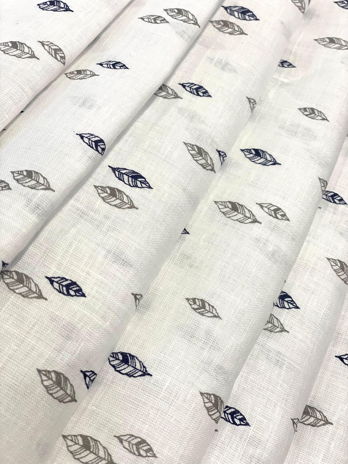 White Grey/Blew Leaf Allover Printed Fabric - Dyed Premium Linen Fabric CNC-LFWH-50957