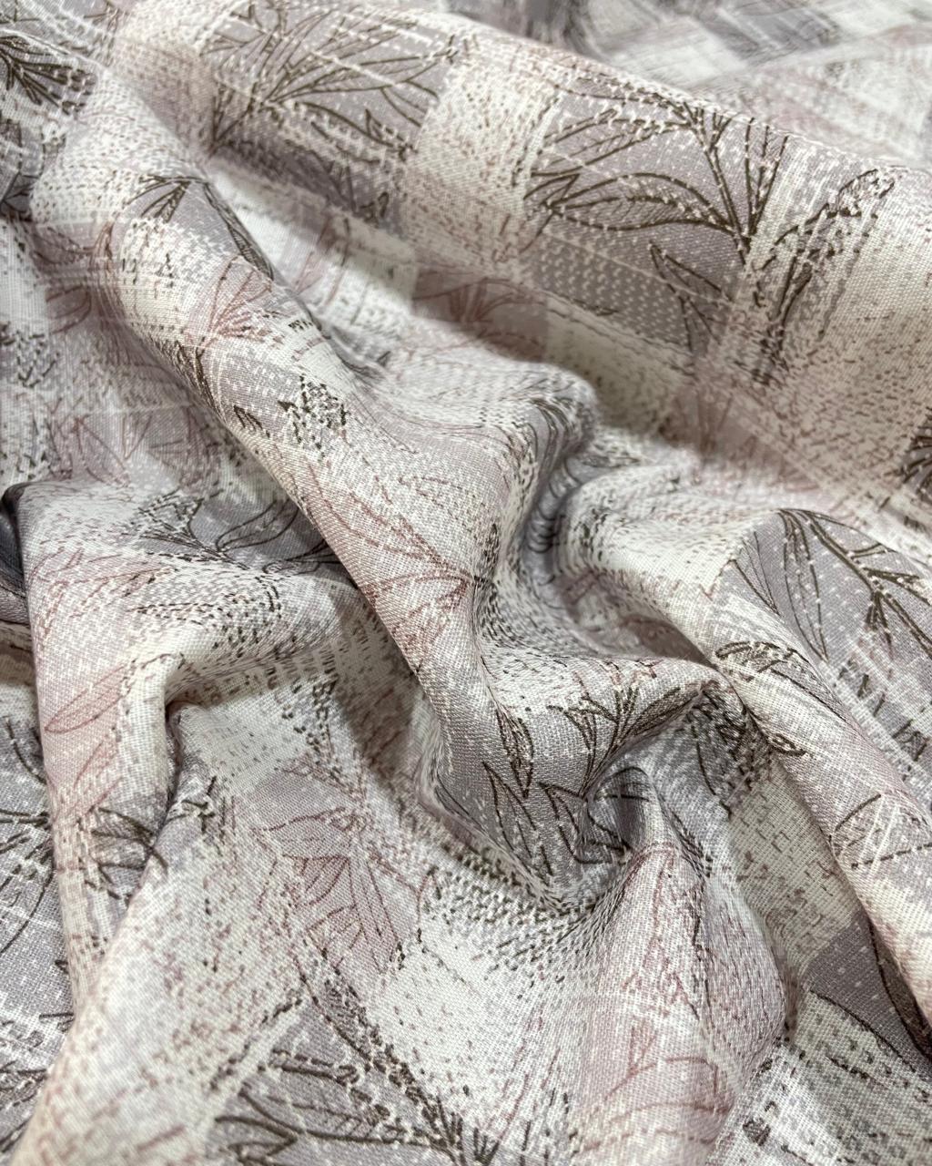 White and Grey Botanical Motif Allover Digital Printed - Dyed Premium Linen Fabric BCH- 620464(new)