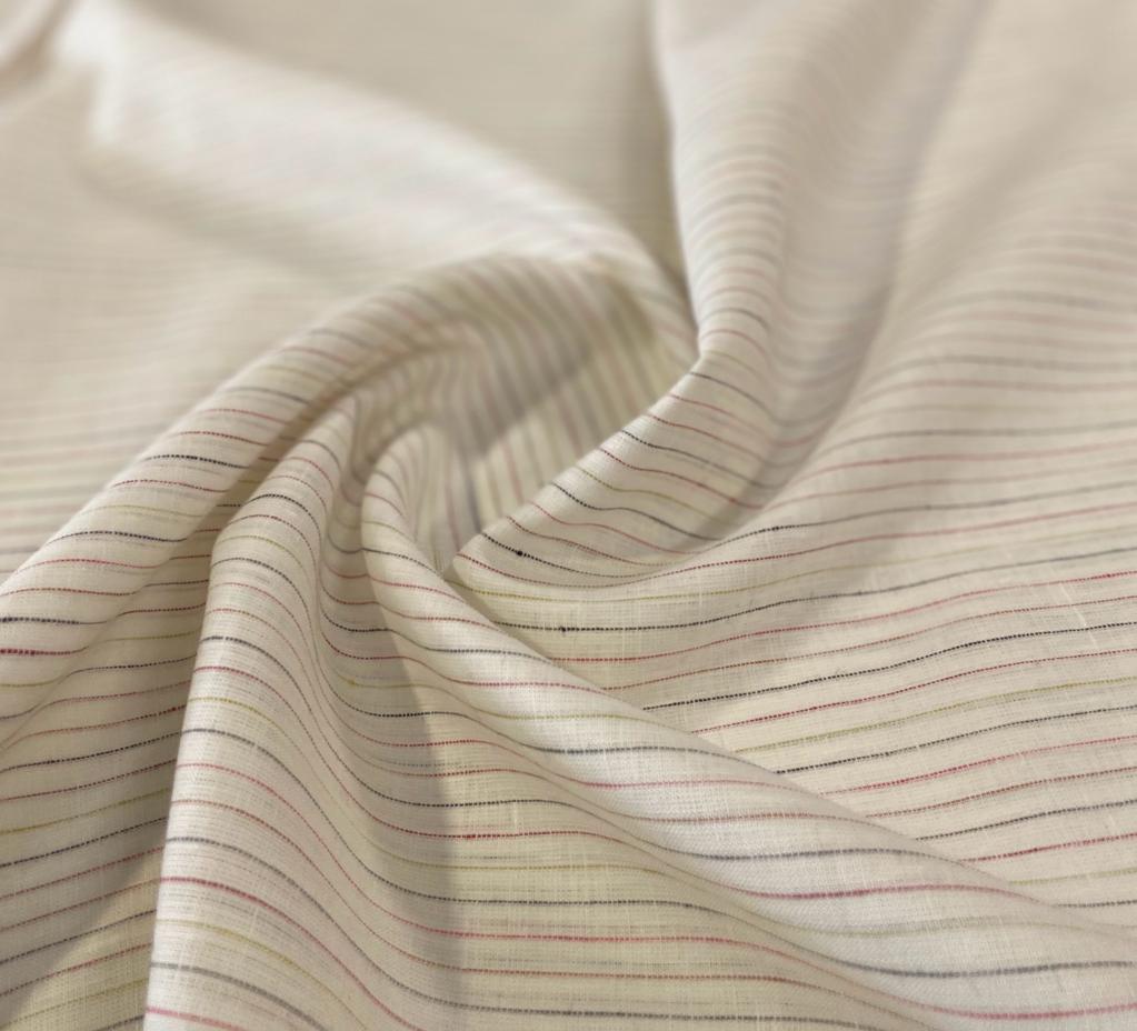 Half White with (yellow red green) Stripe - Dyed Premium Linen Fabric RL-589