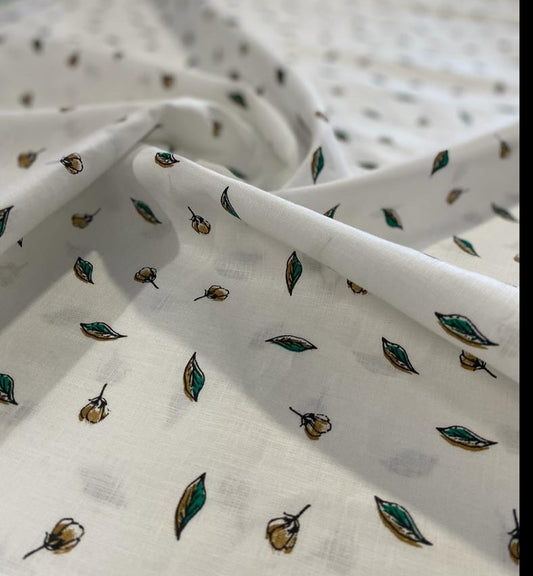 White with Leaf  Printed Fabric - Dyed Premium Linen Fabric LS-062