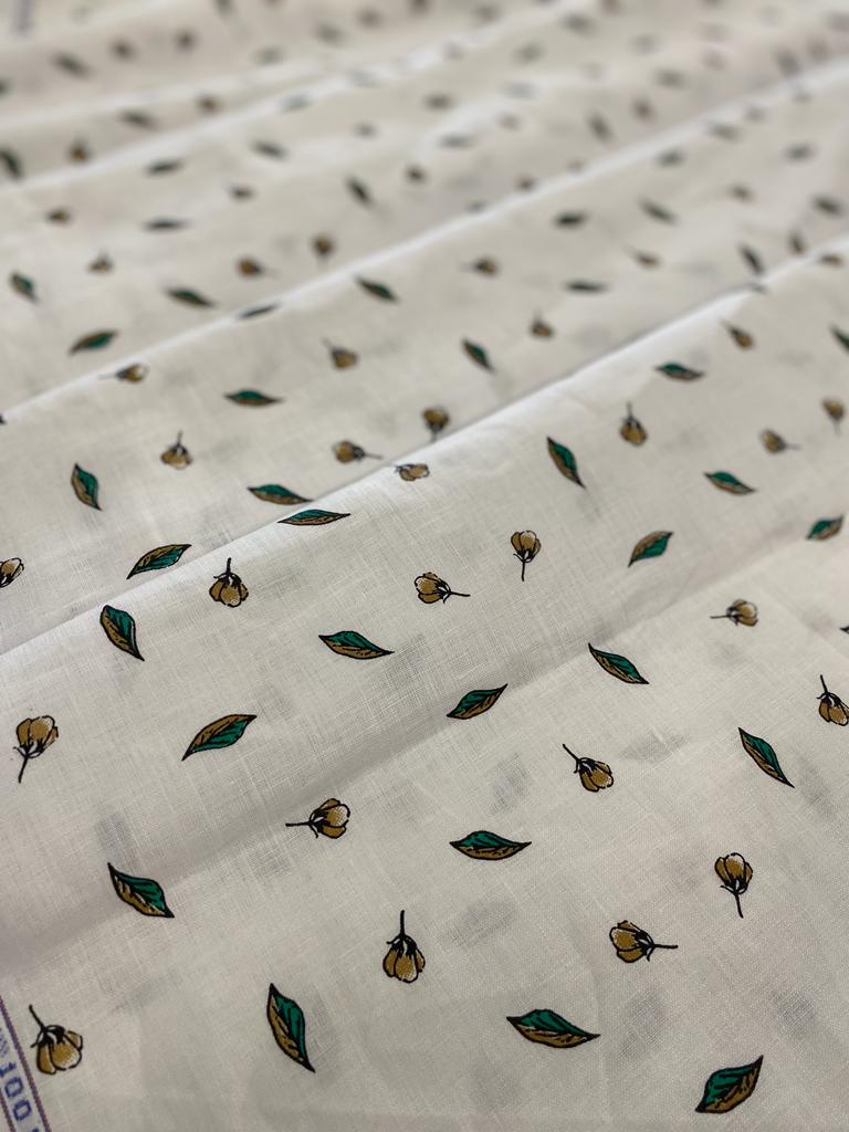 White with Leaf  Printed Fabric - Dyed Premium Linen Fabric LS-062