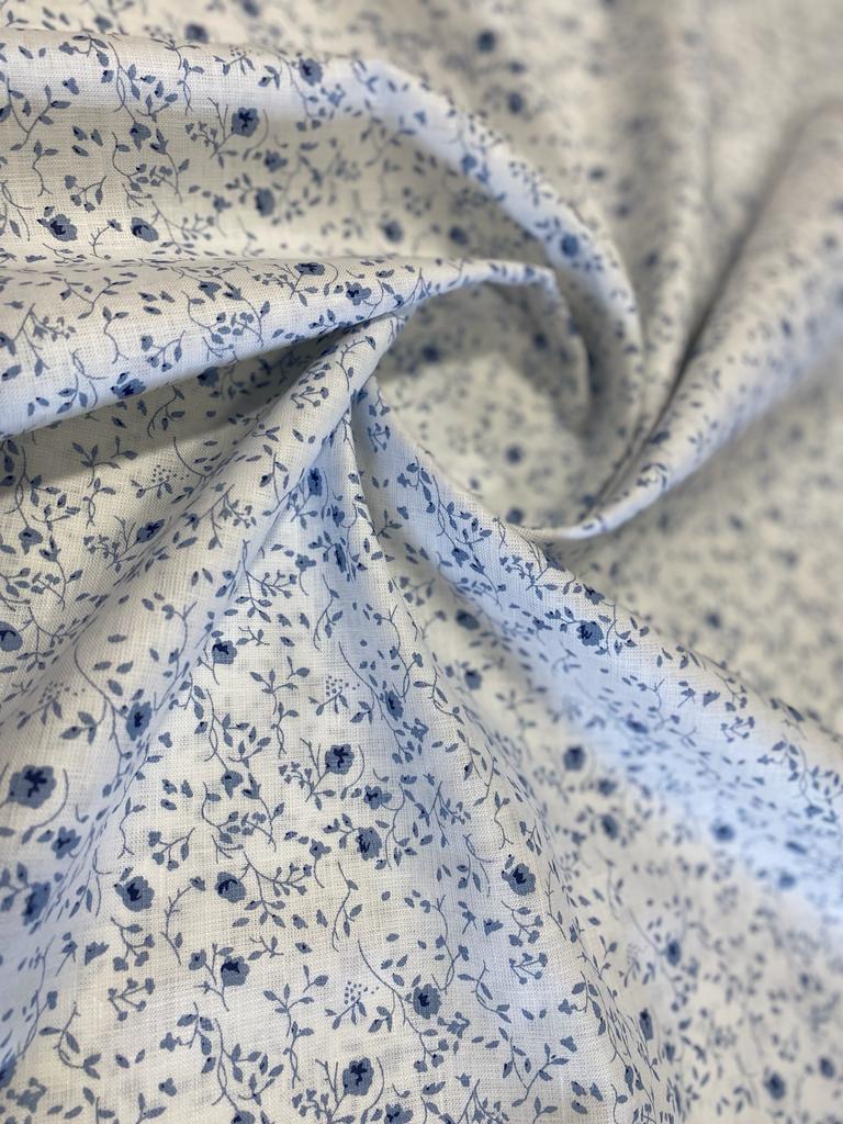 White/Blue Printed Fabric - Dyed Premium Linen Fabric LS-097