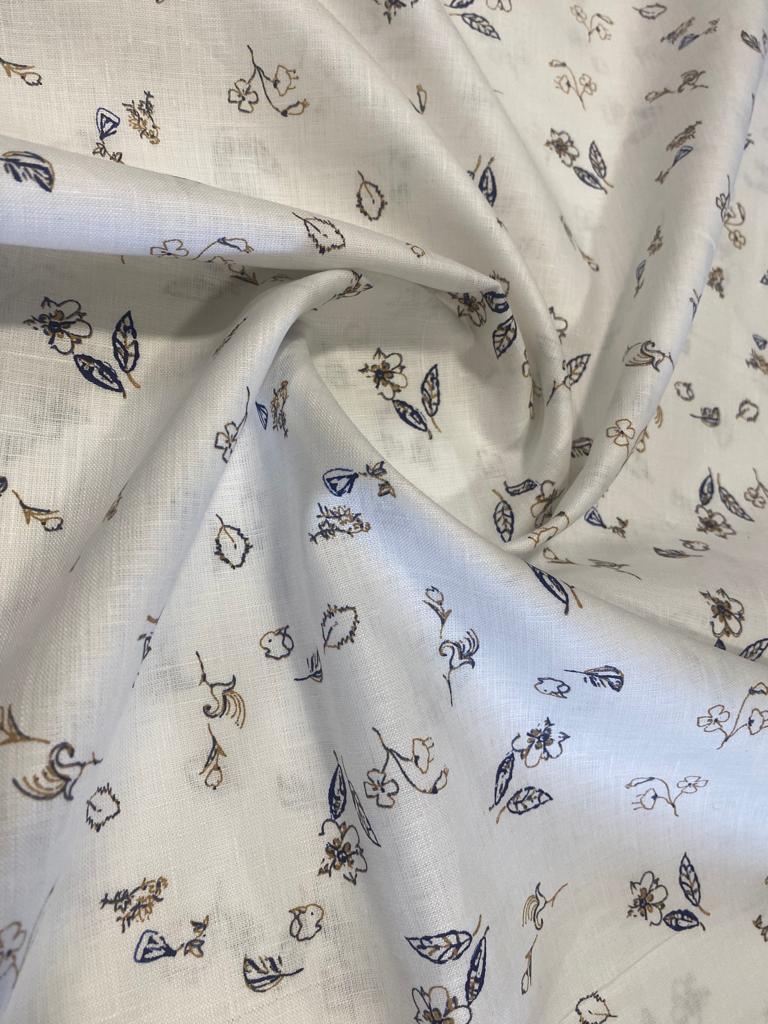 White/Khaki Leaf Printed Fabric - Dyed Premium Linen Fabric LS-073