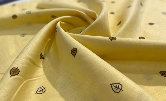 Light Yellow Leaf Printed Fabric - Dyed Premium Linen Fabric LB-015