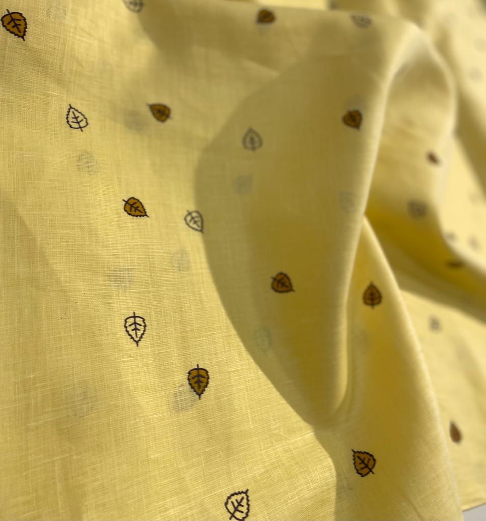 Light Yellow Leaf Printed Fabric - Dyed Premium Linen Fabric LB-015