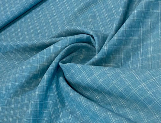 Teal Blue Checked- Premium Dyed Linen Fabric Adore-3