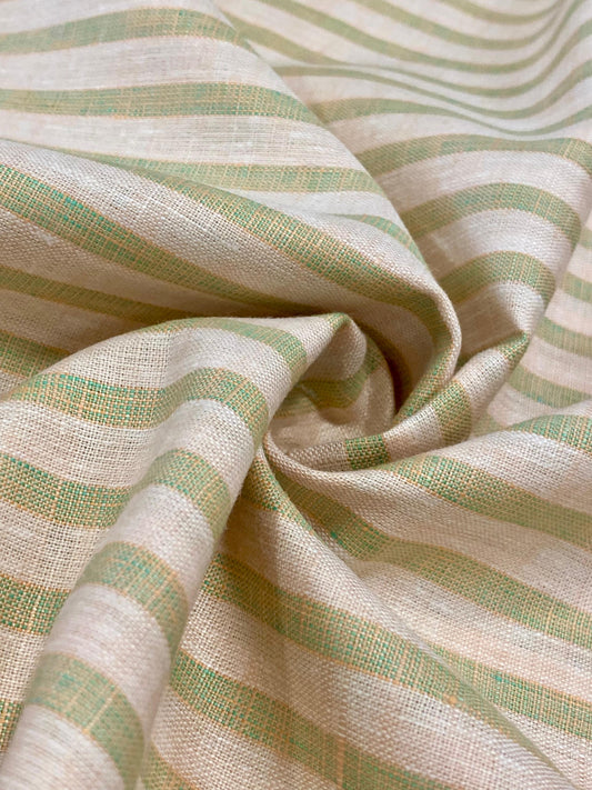 Cream/ Green Stripe - Premium Dyed Linen Fabric LCD-026