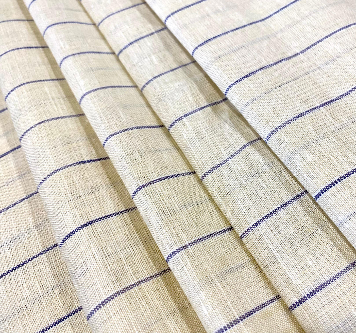 Cream White Blue Stripe - Dyed Premium Linen Fabric RL-1013