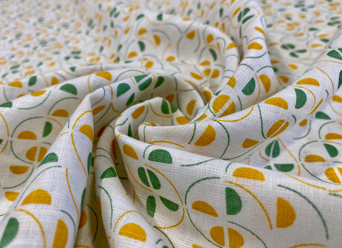 White-Green/Orange Leaf Allover Printed Linen Fabric - Dyed Premium Linen Fabric AWP-001