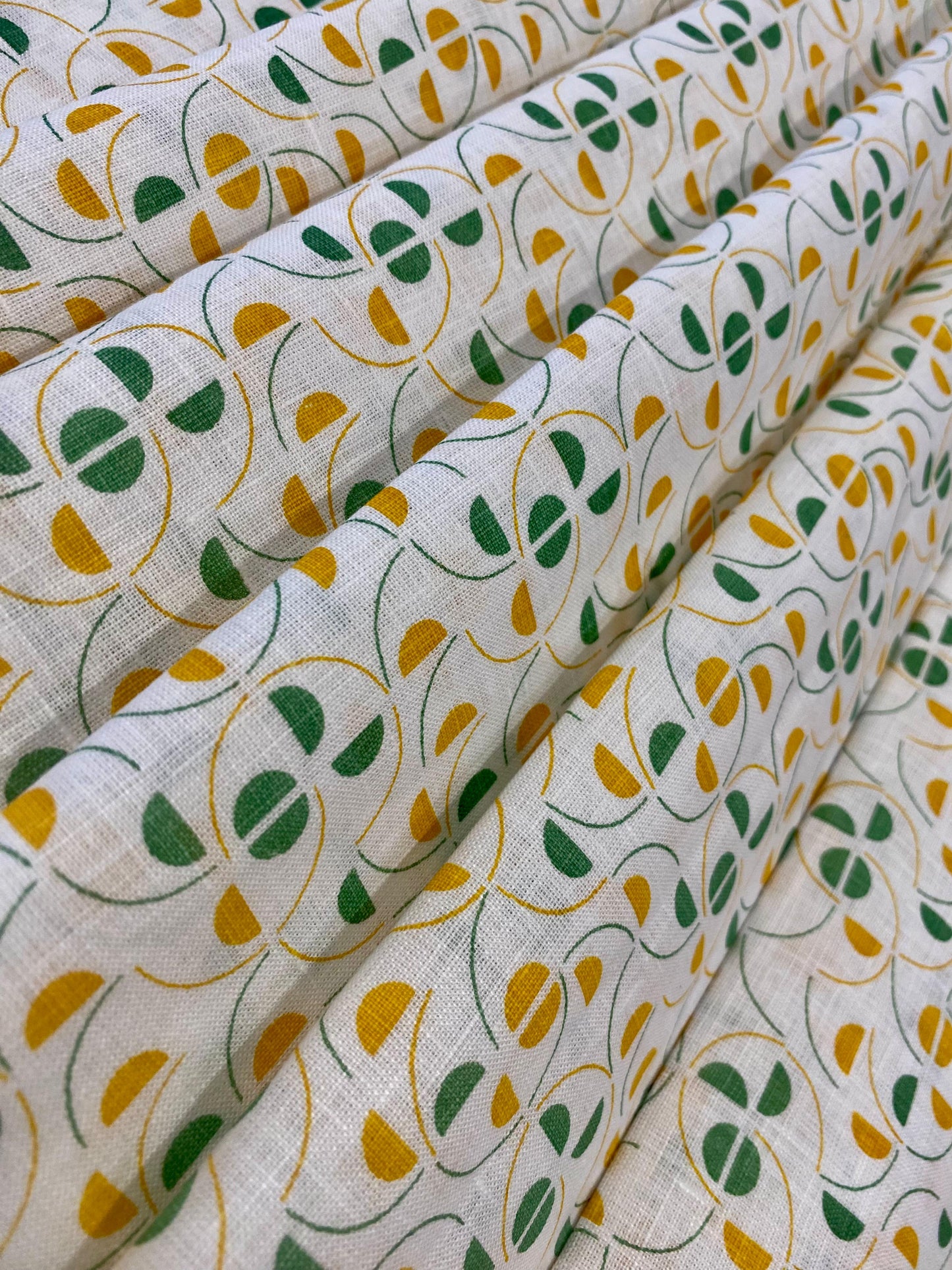 White-Green/Orange Leaf Allover Printed Linen Fabric - Dyed Premium Linen Fabric AWP-001