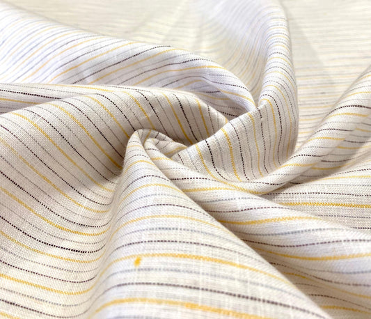 White-Golden Yellow, Grey & Brown Stripe - Dyed Premium Linen Fabric BCF- 26396