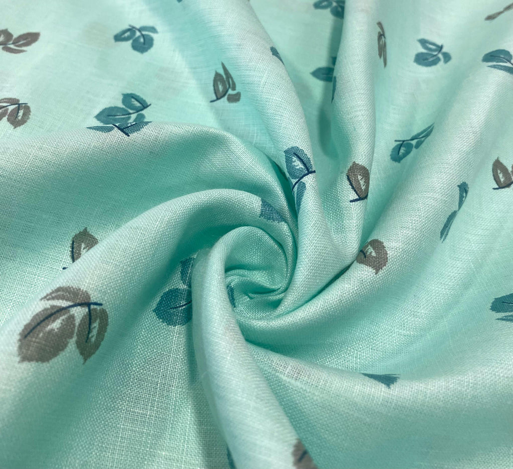Aqua Blue Leaf Digital Printed- Dyed Premium Linen Fabric BCM- 12026