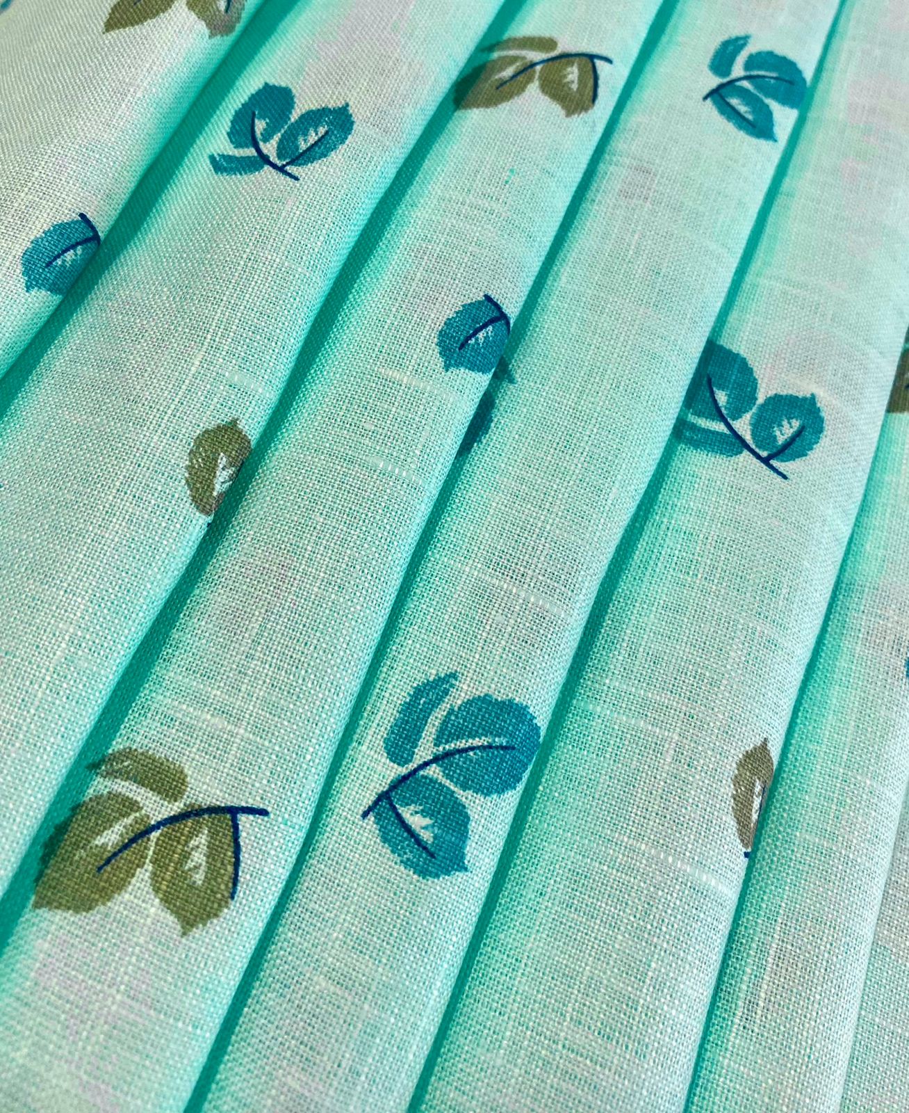 Aqua Blue Leaf Digital Printed- Dyed Premium Linen Fabric BCM- 12026
