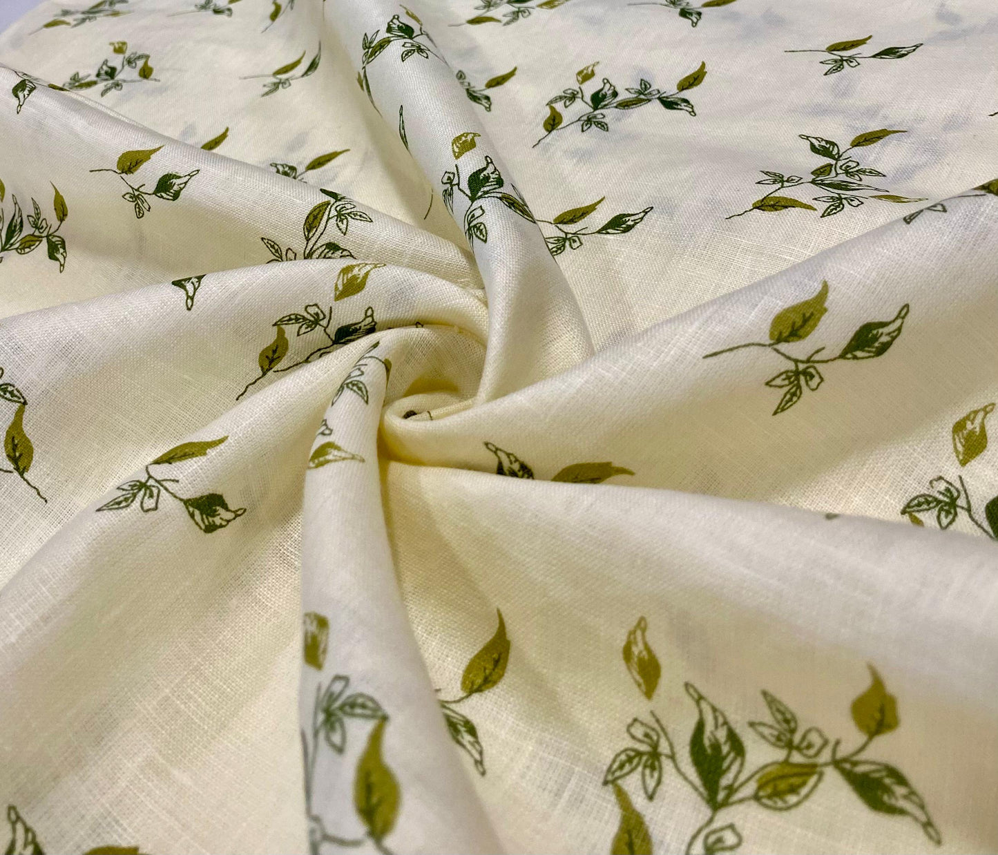 Cream White Leaf Digital Printed-Dyed Premium Linen Fabric BCM- 12166