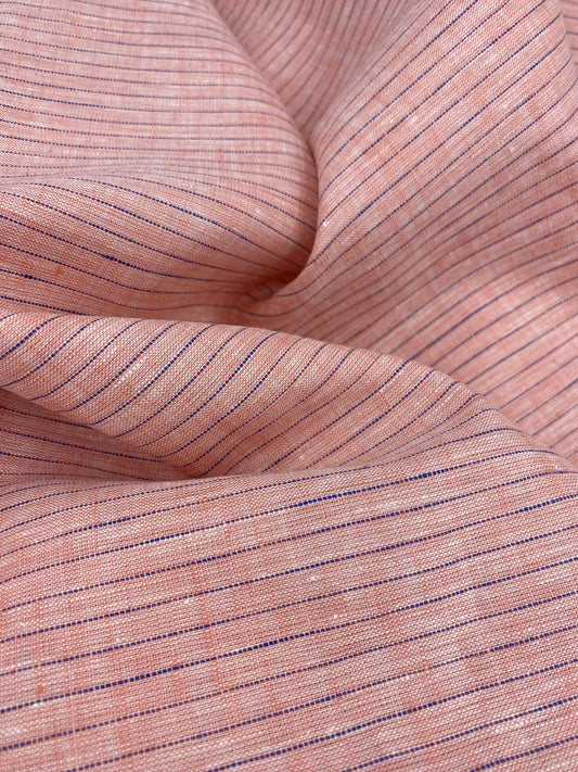 Light Reddish Pink- Blue Stripe - Dyed Premium Linen Fabric RL- 658