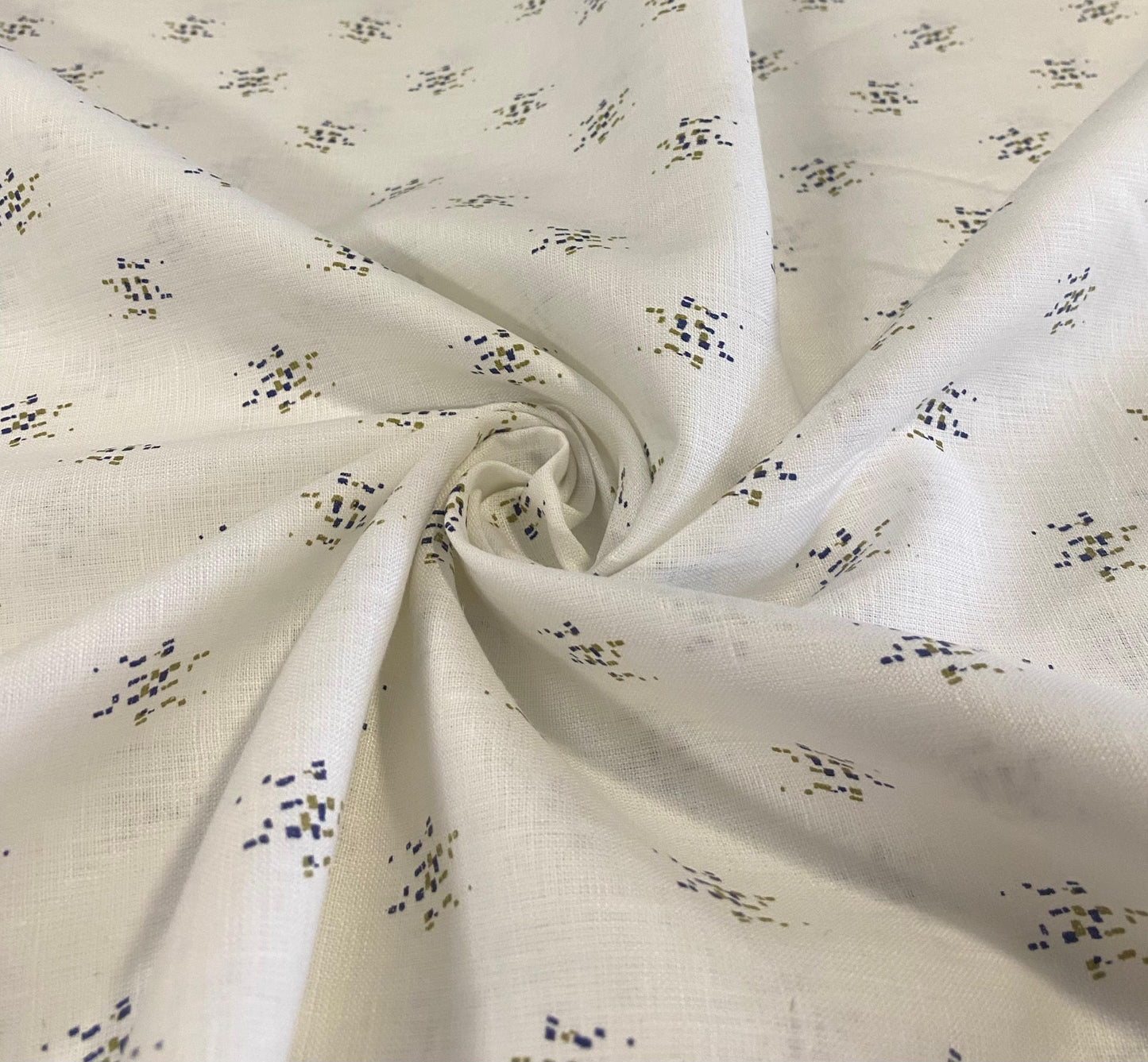 White Blue Patch  Printed Fabric - Dyed Premium Linen Fabric LS-095