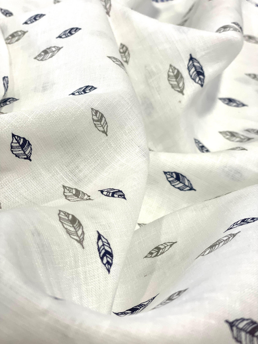 White Grey/Blew Leaf Allover Printed Fabric - Dyed Premium Linen Fabric CNC-LFWH-50957