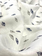 White Grey/Blew Leaf Allover Printed Fabric - Dyed Premium Linen Fabric CNC-LFWH-50957