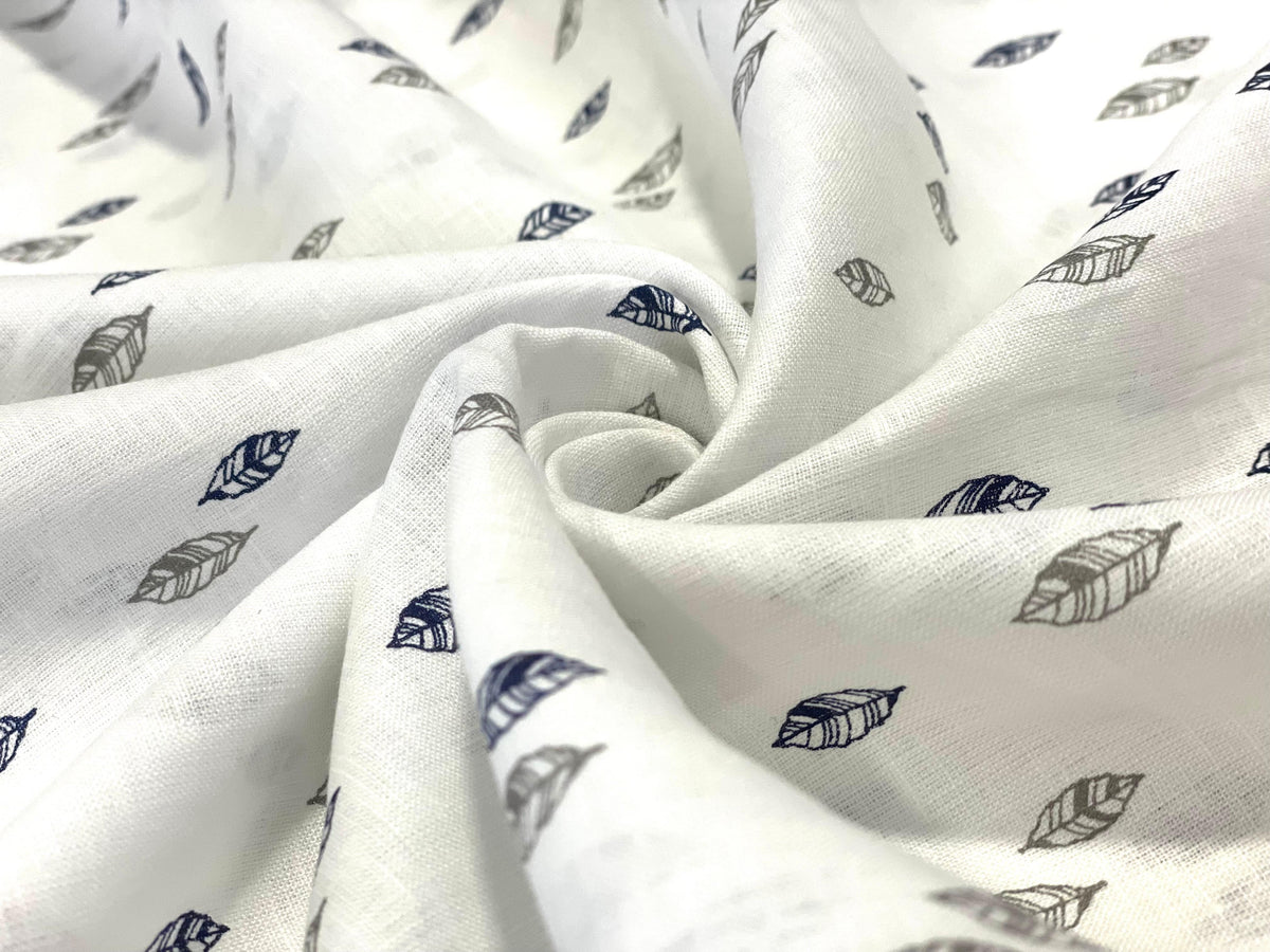 White Grey/Blew Leaf Allover Printed Fabric - Dyed Premium Linen Fabric CNC-LFWH-50957