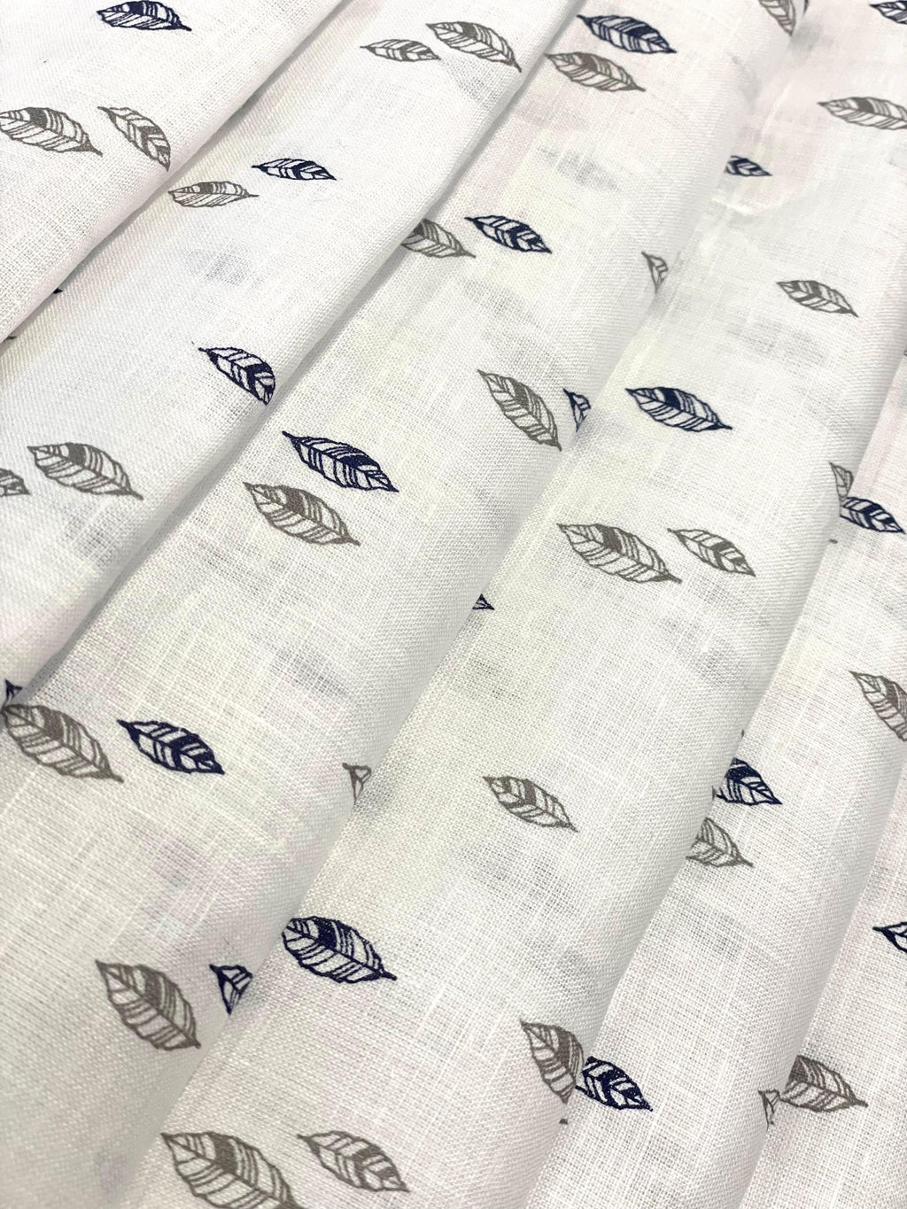 White Grey/Blew Leaf Allover Printed Fabric - Dyed Premium Linen Fabric CNC-LFWH-50957