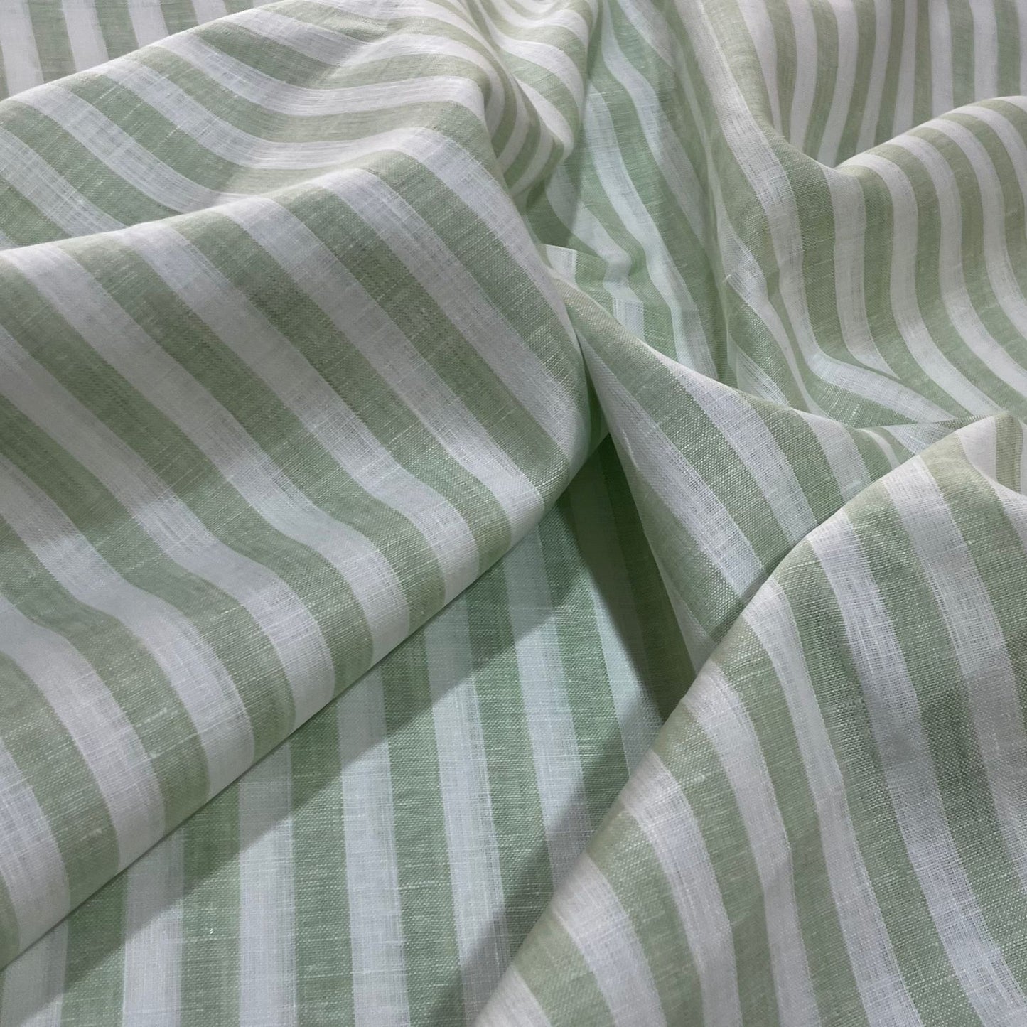 White-Leaf Green Block Stripe - Dyed Premium Linen Fabric RL- 821 (New)