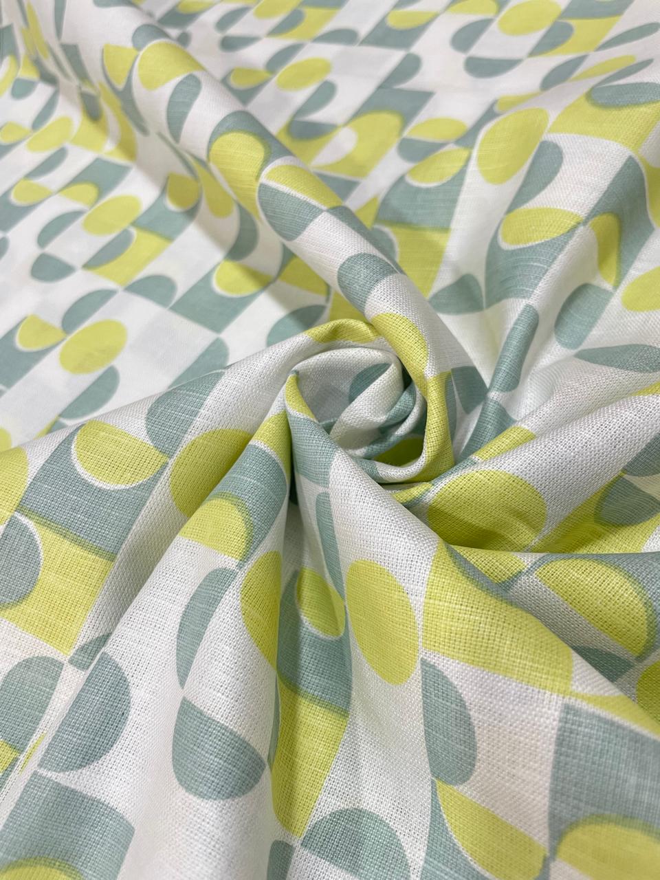 White  Green  Shoreditch Retro Circles Pattern Print  - Korean Linen Fabric BC-WC-KL-261006(new)
