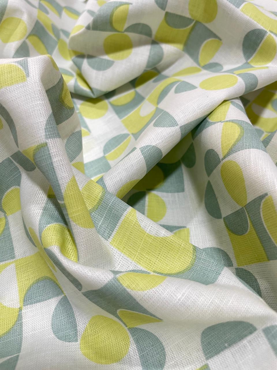 White  Green  Shoreditch Retro Circles Pattern Print  - Korean Linen Fabric BC-WC-KL-261006(new)