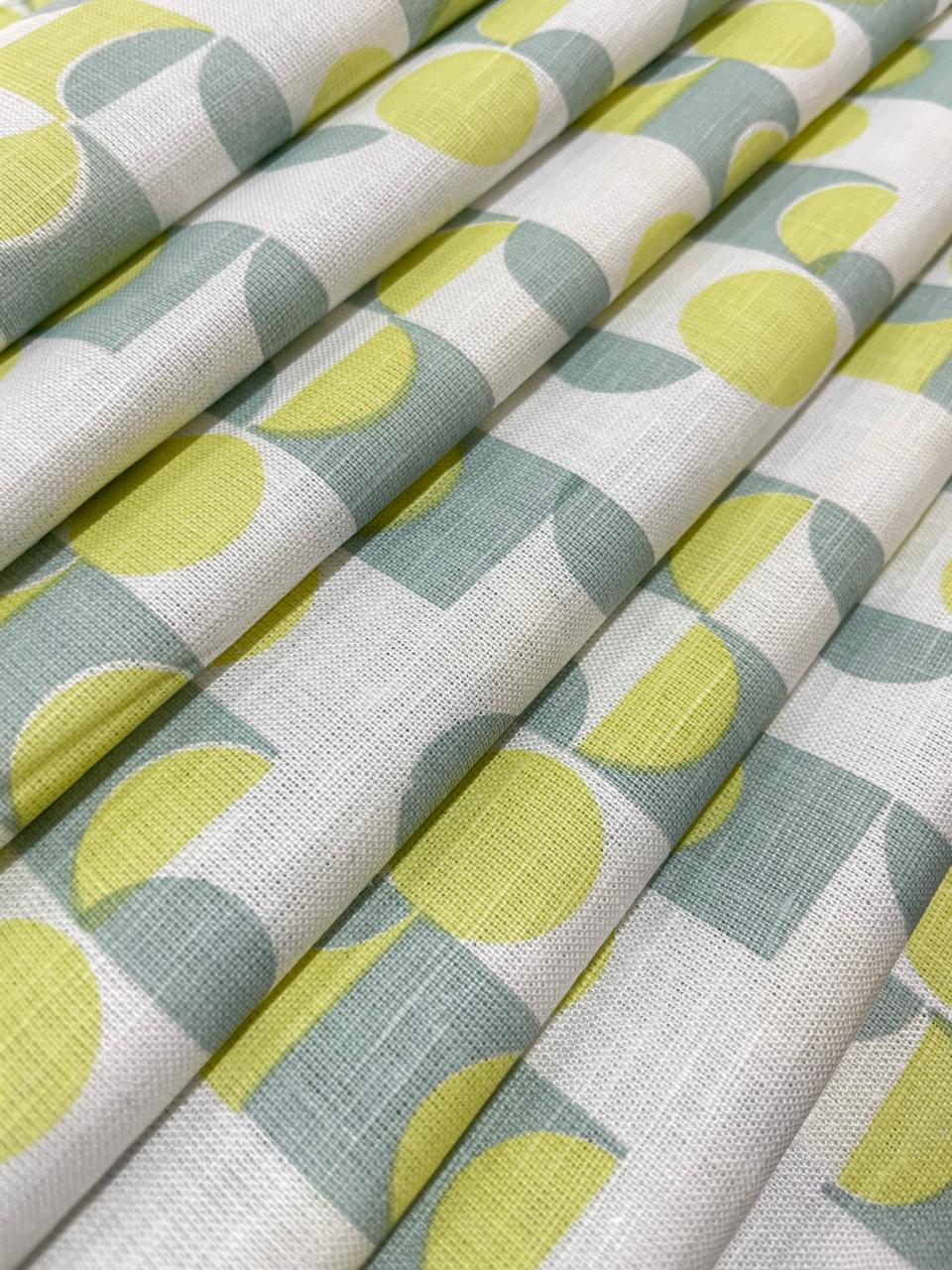White  Green  Shoreditch Retro Circles Pattern Print  - Korean Linen Fabric BC-WC-KL-261006(new)
